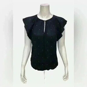 Vince Camuto Womens Navy Soho Pin Dot Flutter Sleeve Elegant Keyhole Top XS